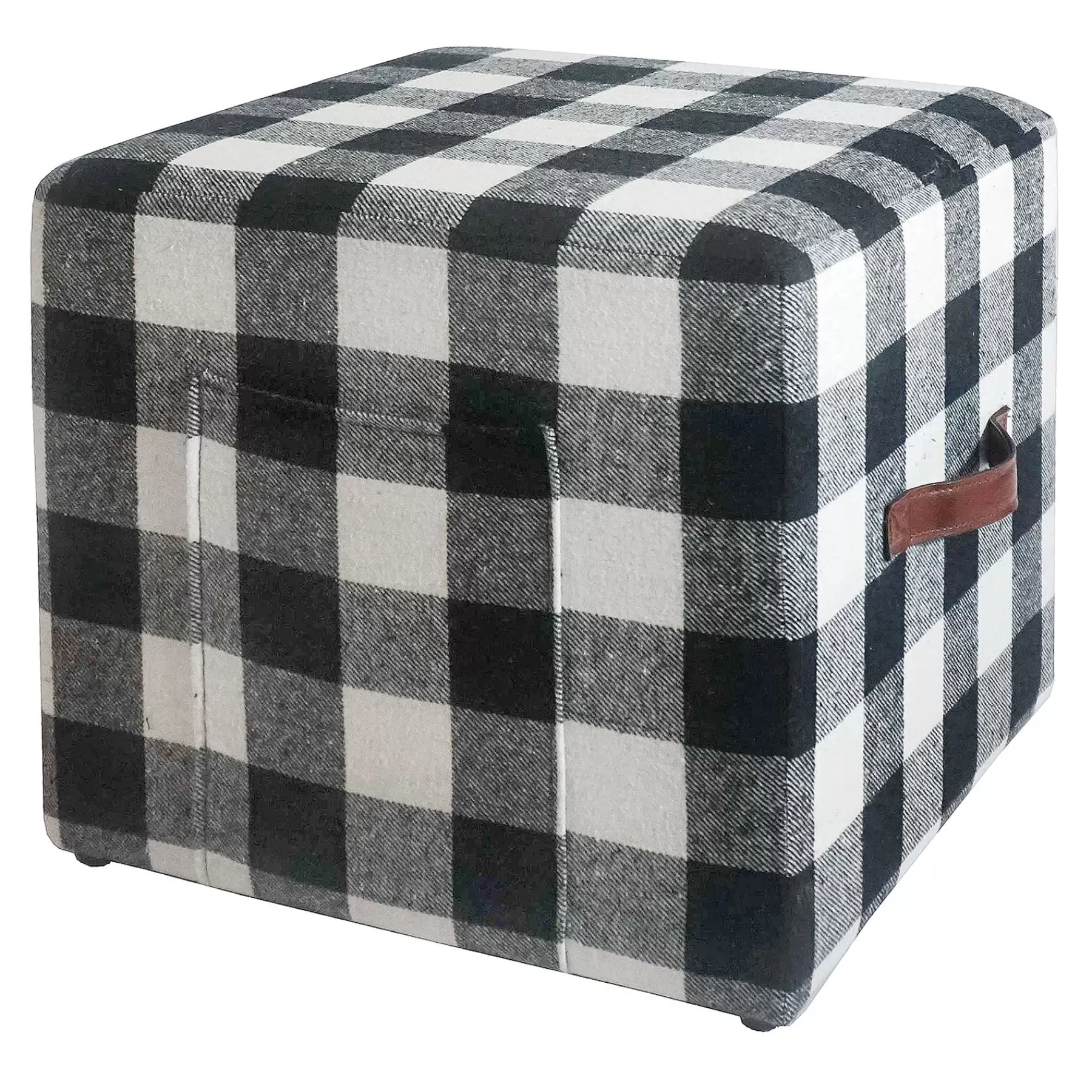 * Best-Selling Buffalo Print Black White Square Ottoman With Faux Leather Handle & Pockets