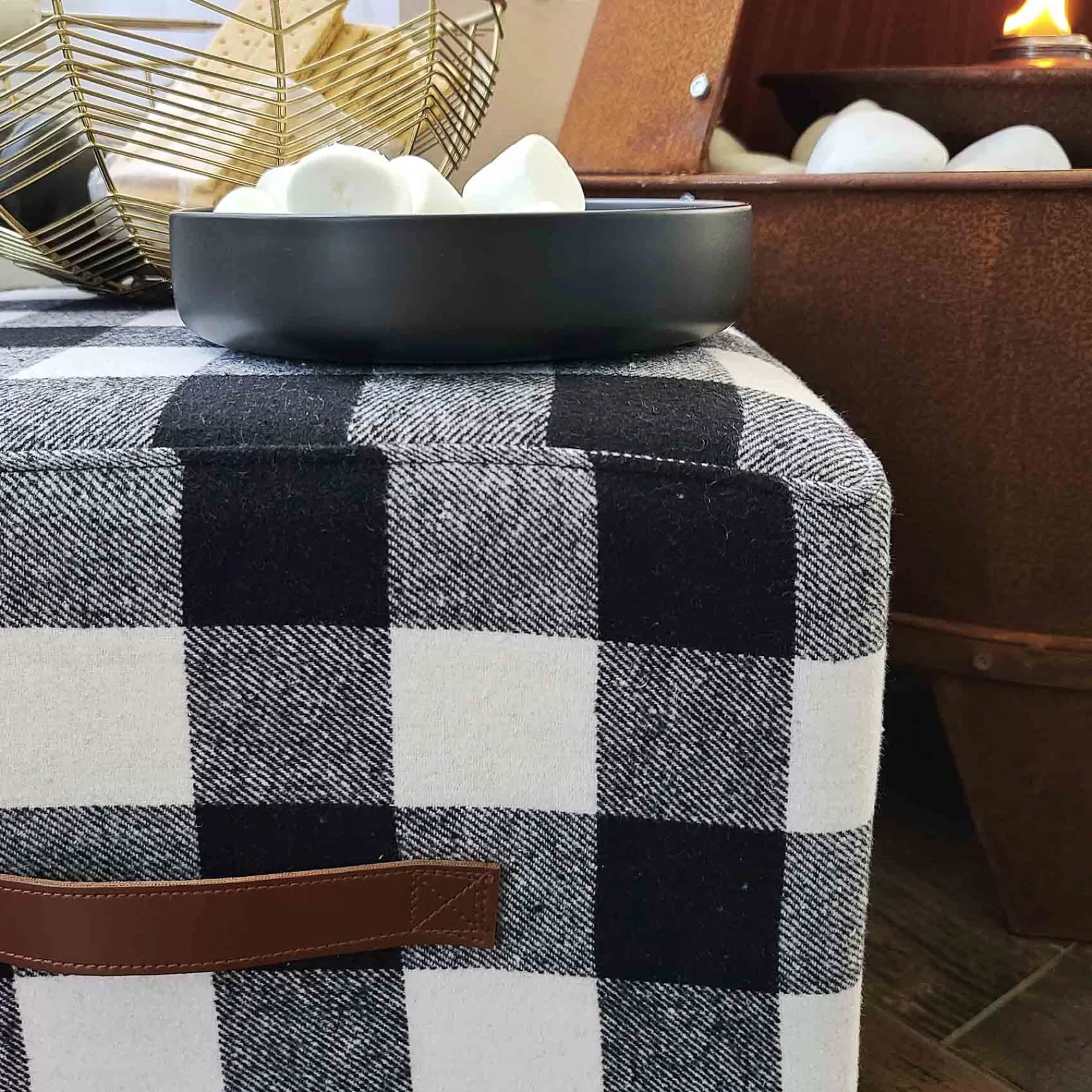 * Best-Selling Buffalo Print Black White Square Ottoman With Faux Leather Handle & Pockets