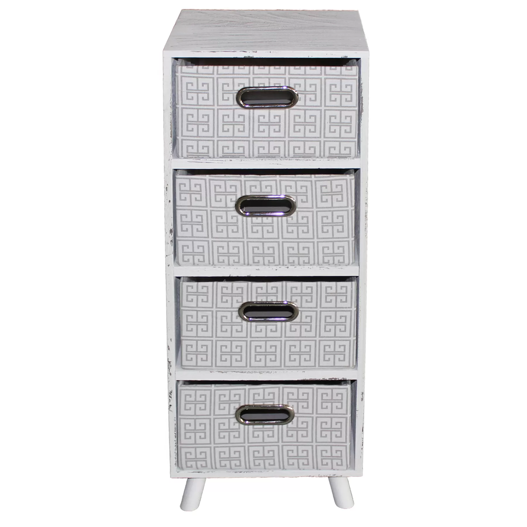 * Discount Store 4-Tier White Wooden Shelf With Grey Greek Key Drawers