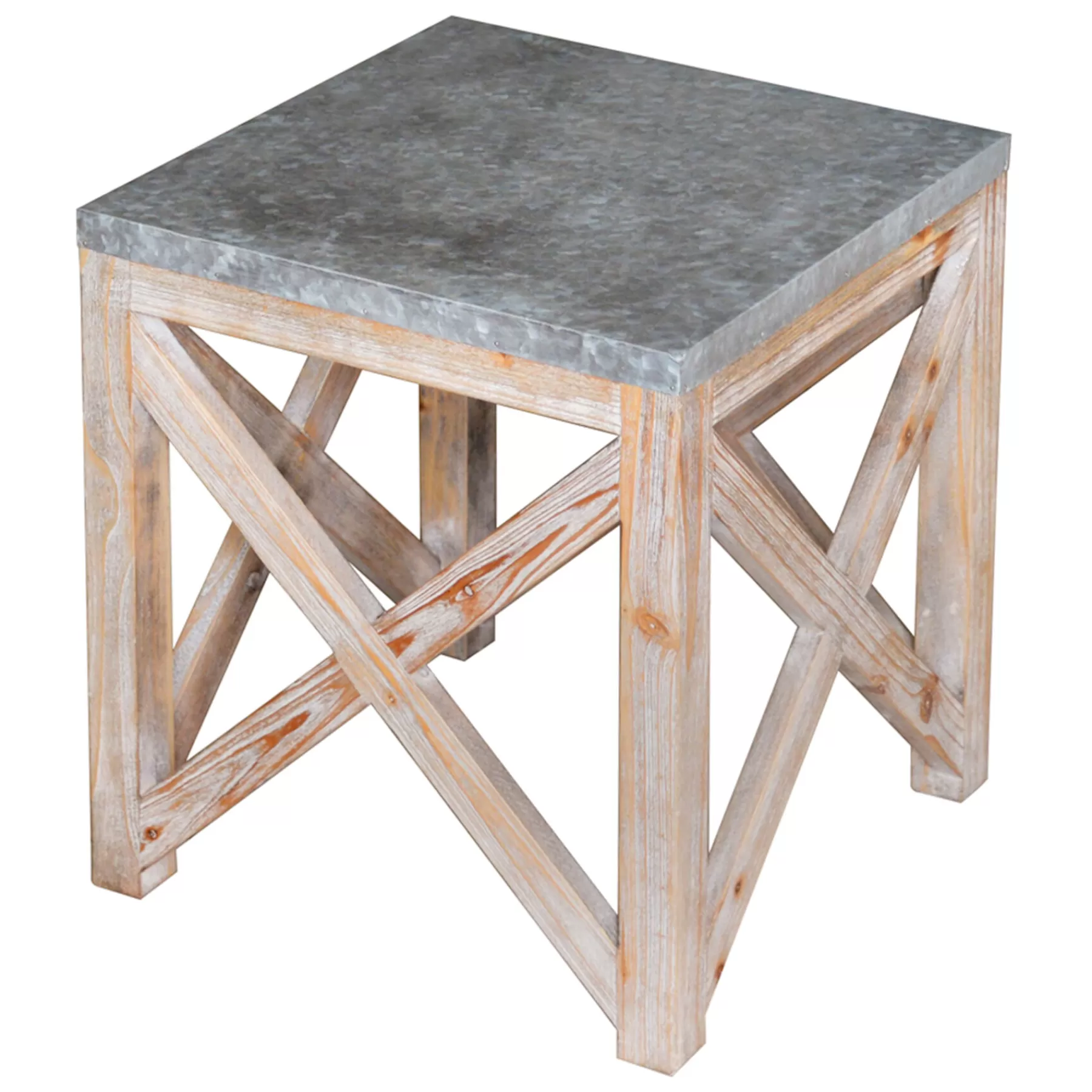 * Good Quality Galvanized Metal Top Accent Table With X Side Wood Base, Small
