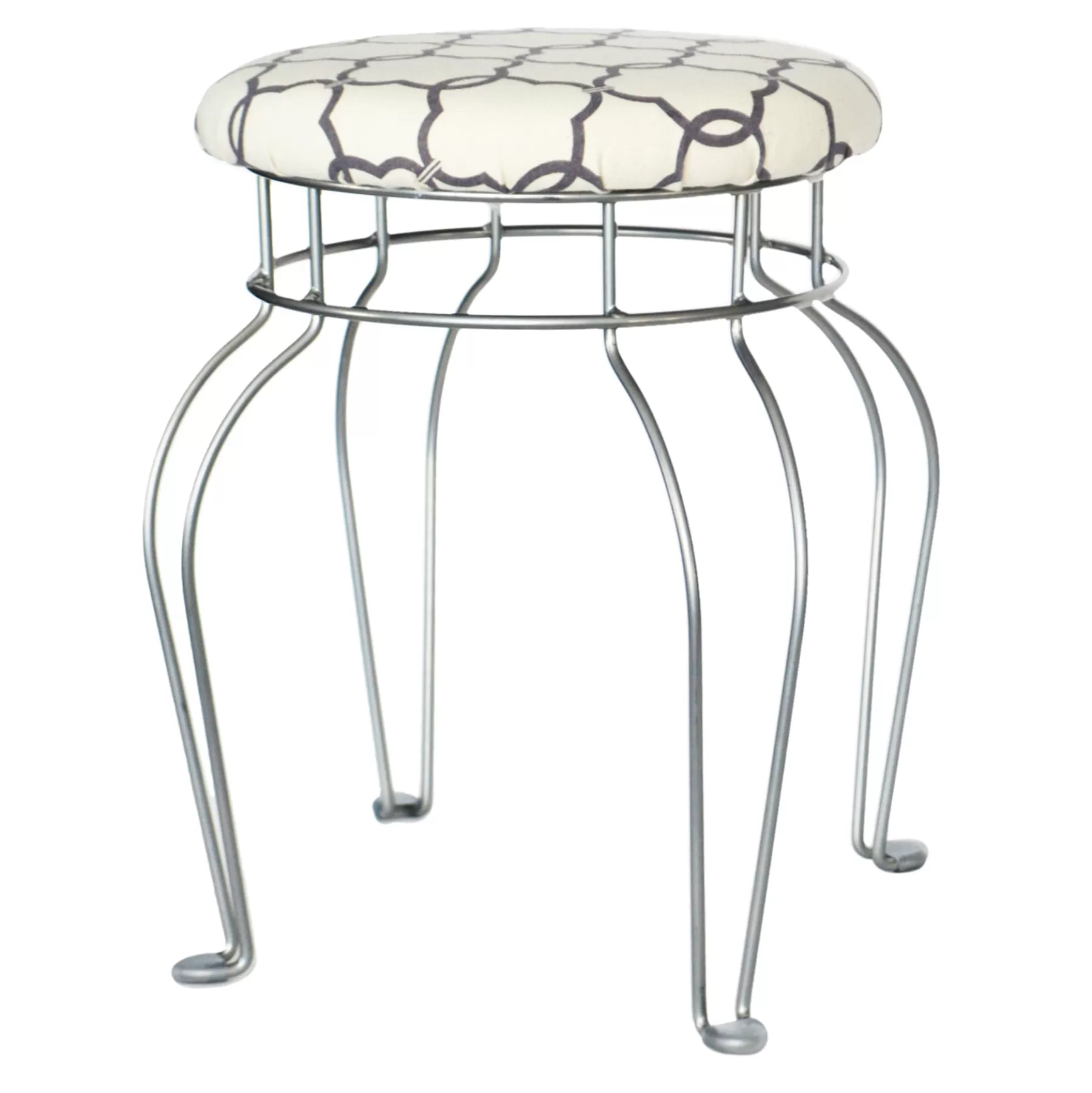 * Hot Selling Quatrefoil Silver Wire Vanity Stool/Ivory Printed Fabric Seat