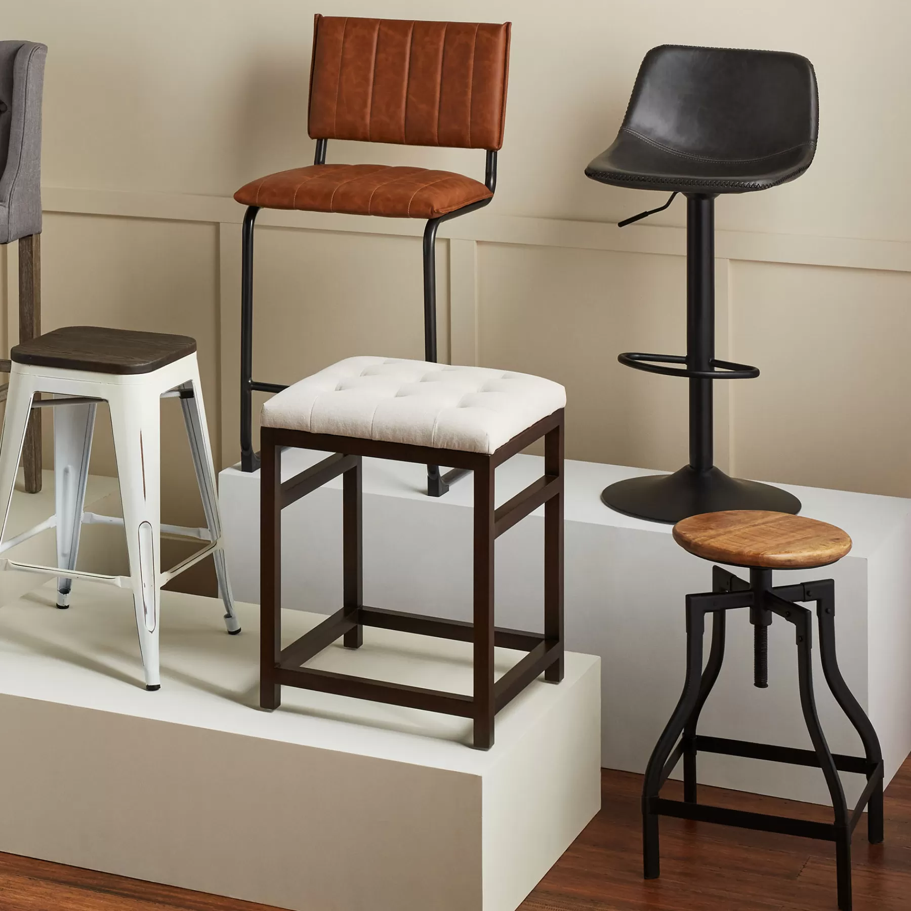 * Official Luka Light Brown Faux Leather Counter Stool With Metal Base