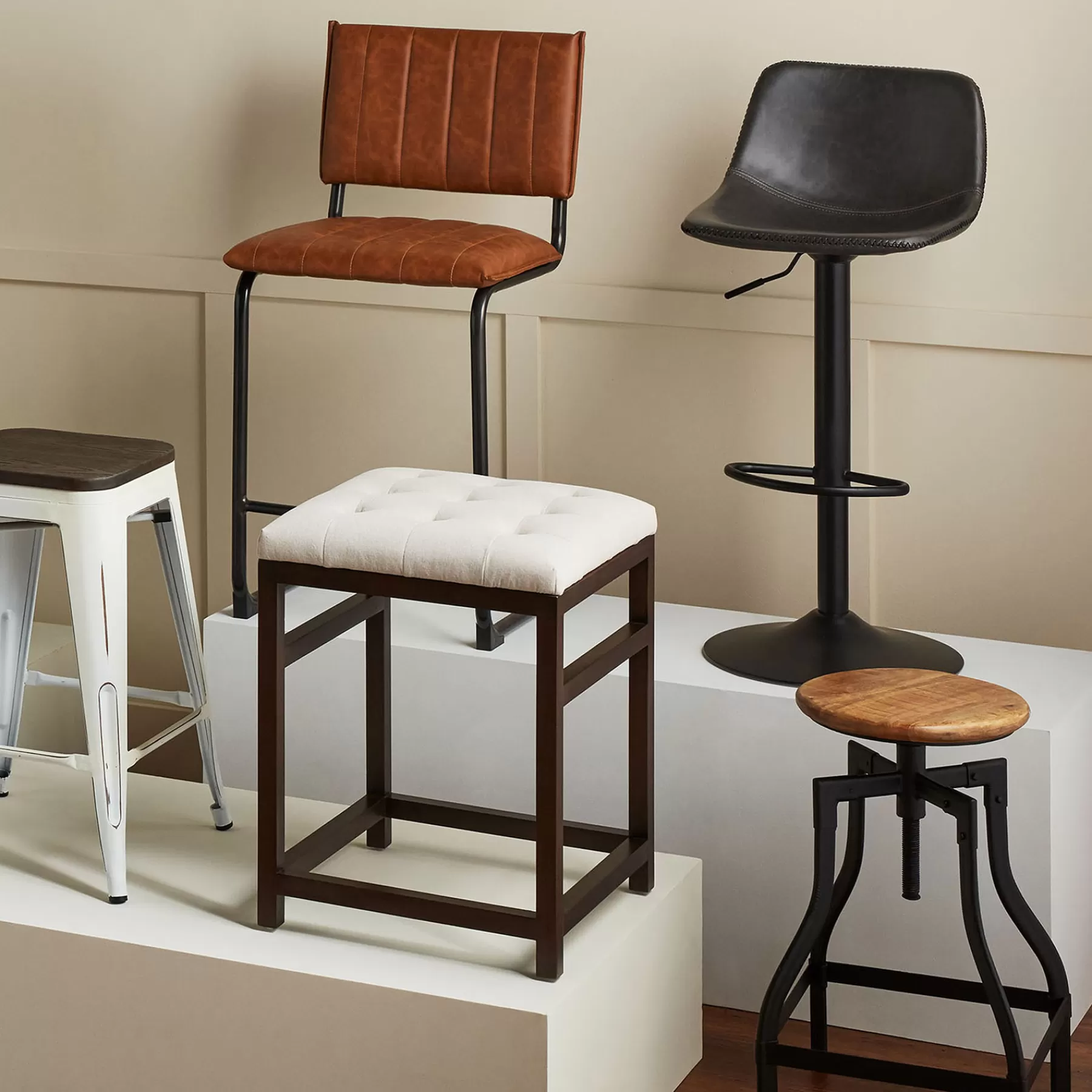 * Official Luka Light Brown Faux Leather Counter Stool With Metal Base