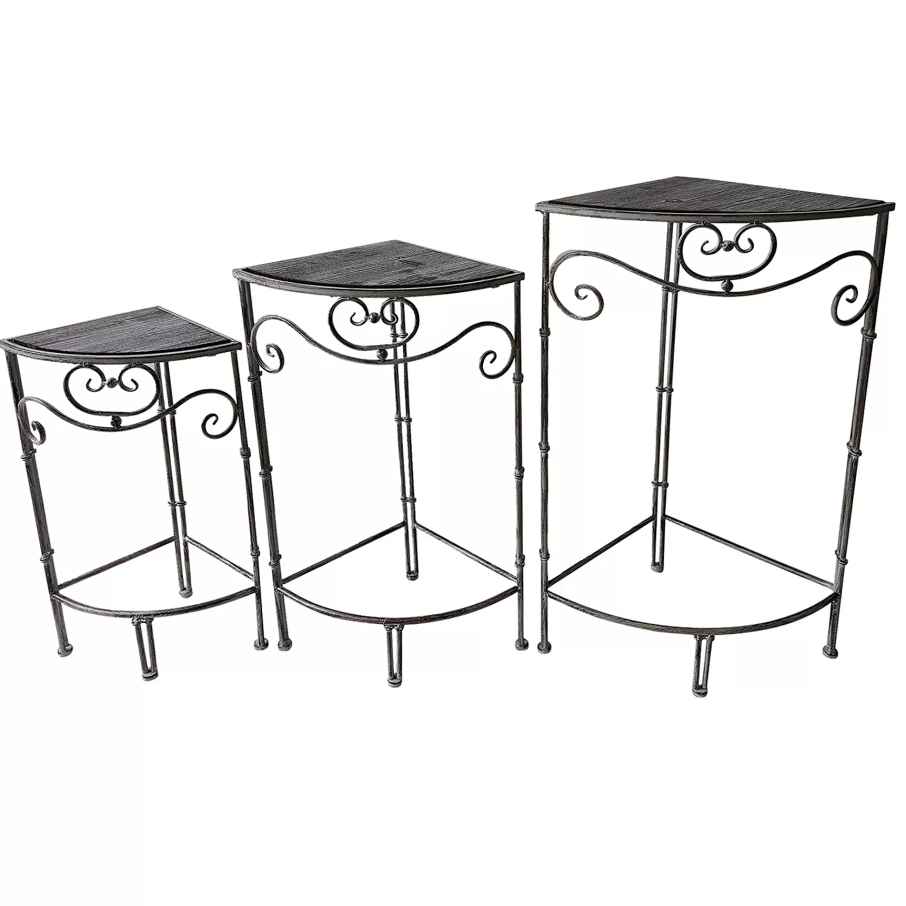 * Special Style Fan Shaped Wood Top Plant Stand With Rustic Double Tube Metal Leg, Large