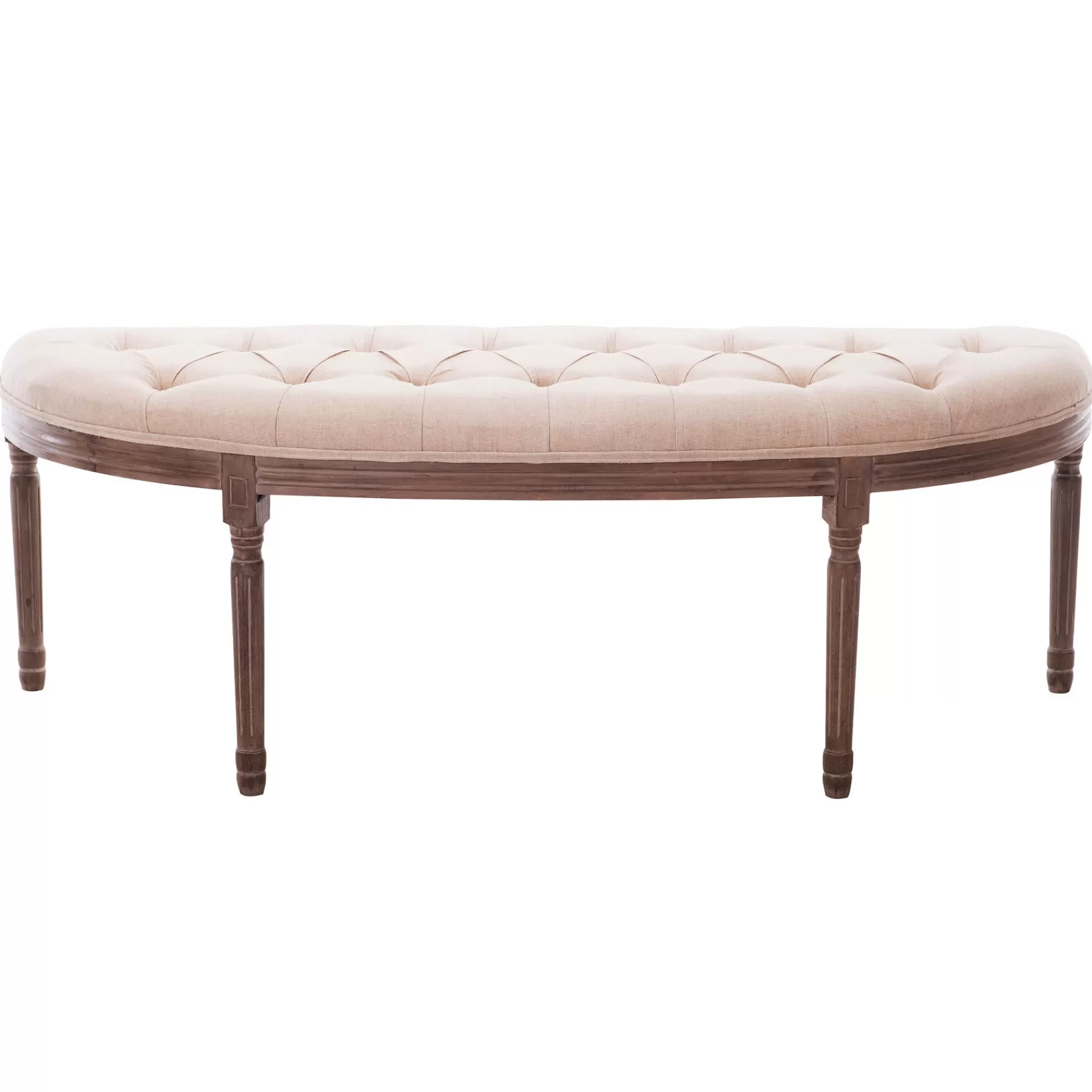 * Special Style Lourdes Ivory Linen Tufted Curved Bench W/Distressed Wood Legs