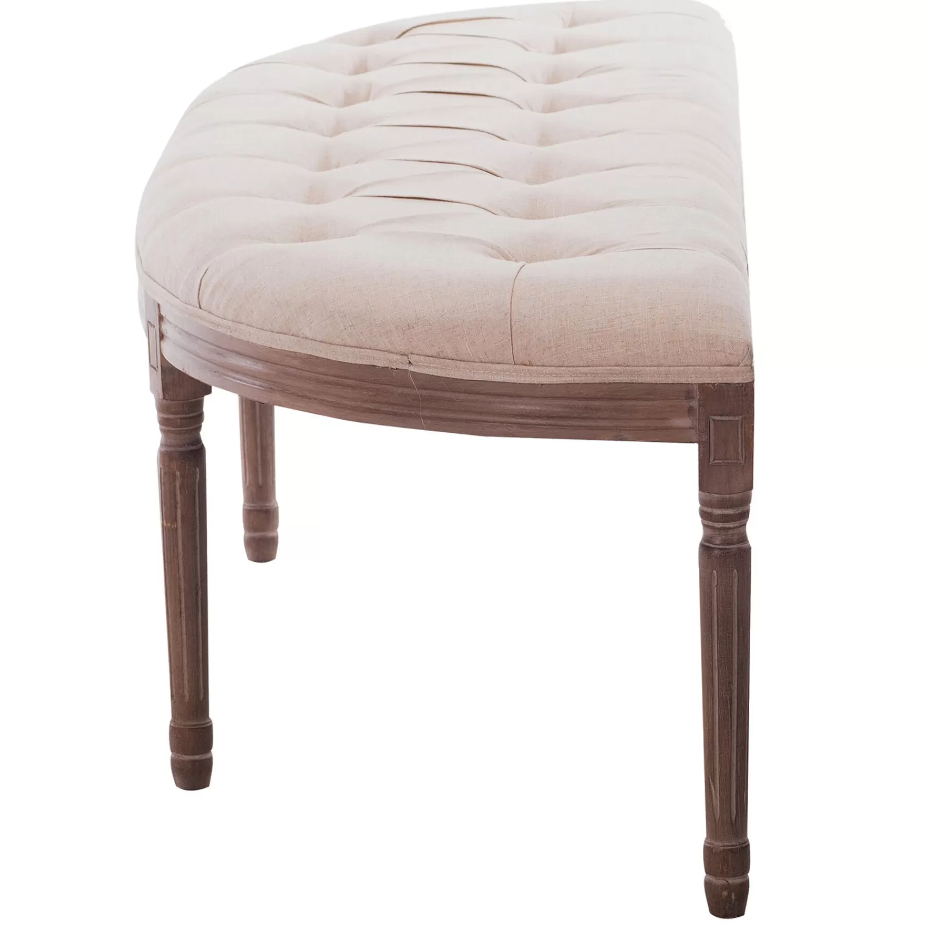 * Special Style Lourdes Ivory Linen Tufted Curved Bench W/Distressed Wood Legs