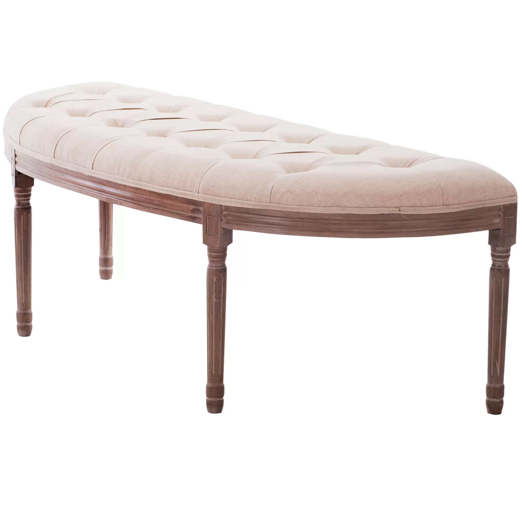 * Special Style Lourdes Ivory Linen Tufted Curved Bench W/Distressed Wood Legs