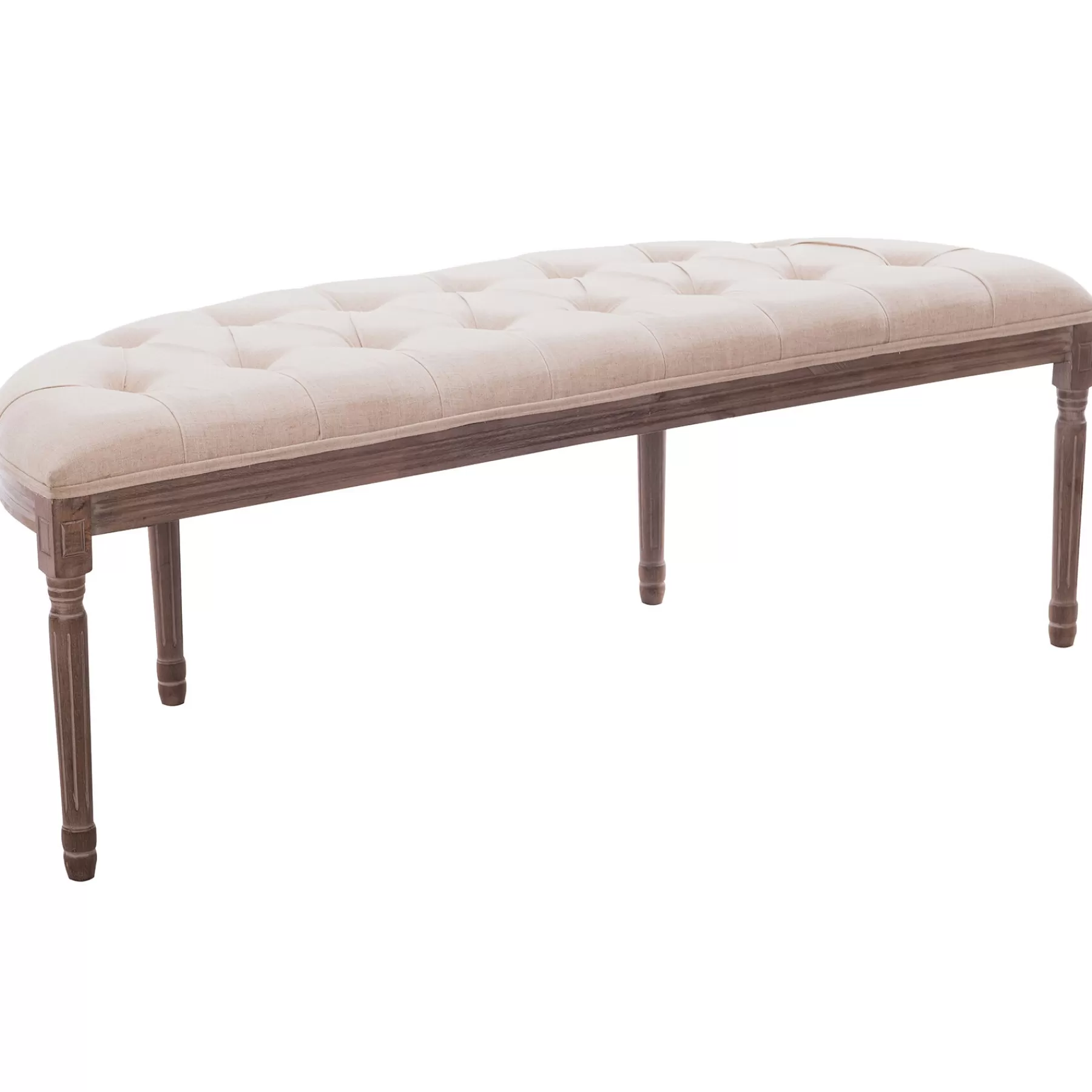 * Special Style Lourdes Ivory Linen Tufted Curved Bench W/Distressed Wood Legs