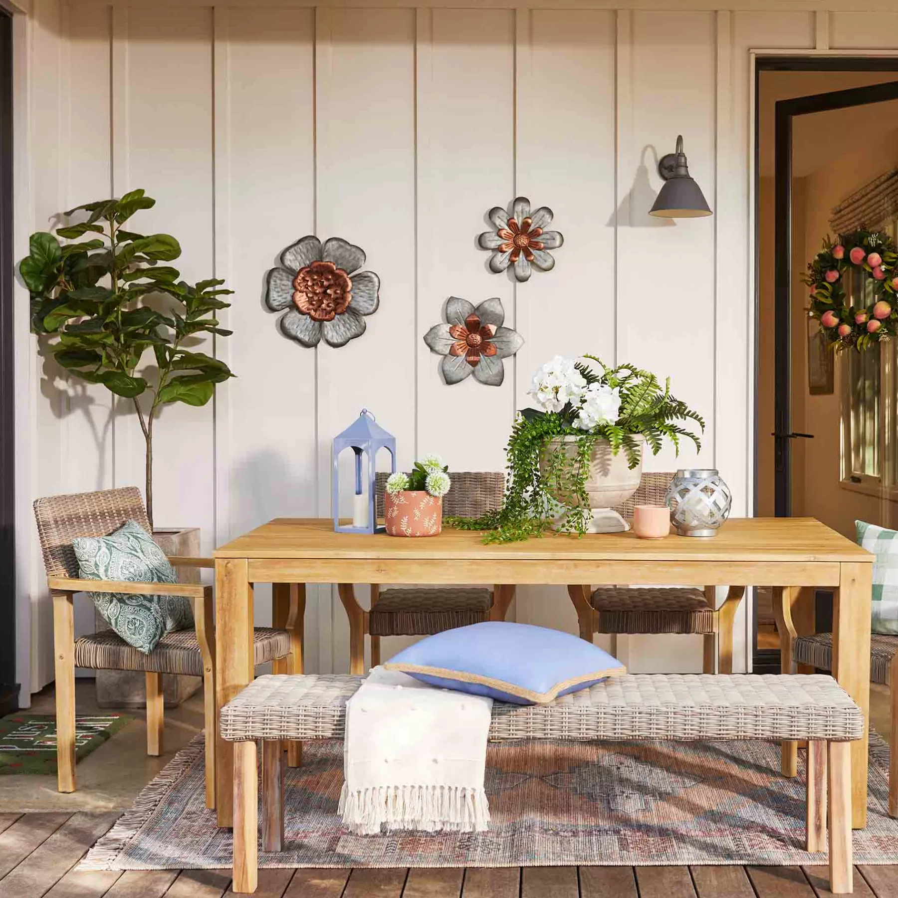 * Typical Style Park City Acacia Wood & Wicker Backless Outdoor Dining Bench